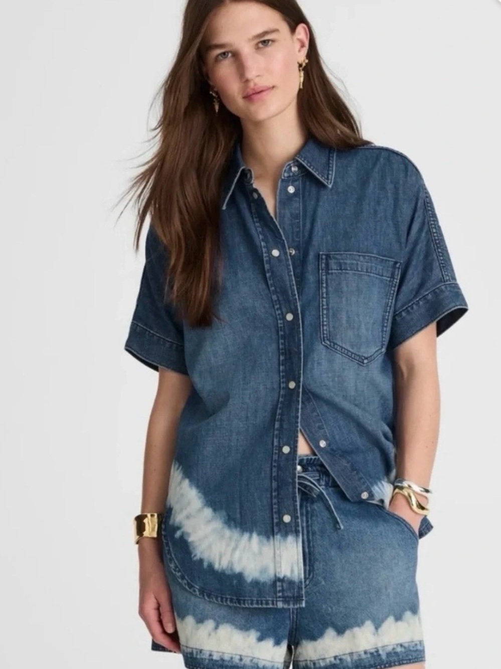 NWT Madwell Shibori Dyed Denim Short Sleeve Shirt Denim Blue Size Small